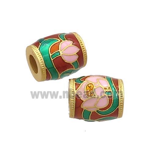 Copper Barrel Beads Cloisonne Flower Large Hole 18K Gold Plated