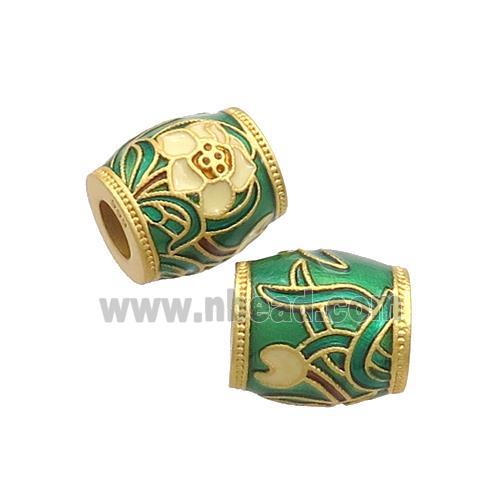 Copper Barrel Beads Green Cloisonne Flower Large Hole 18K Gold Plated