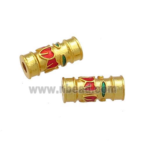 Copper Tube Beads Red Cloisonne 18K Gold Plated