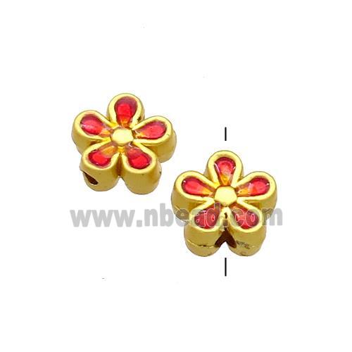 Copper Flower Beads Red Painted Gold Plated