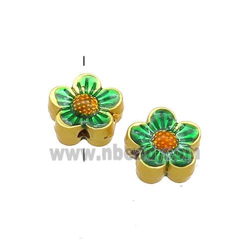 Copper Flower Beads Green Painted Gold Plated