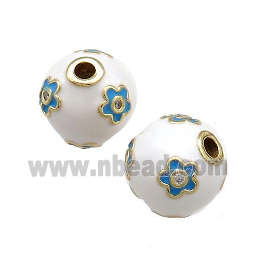 Copper Round Beads Pave Zircon White Enamel 18K Gold Plated