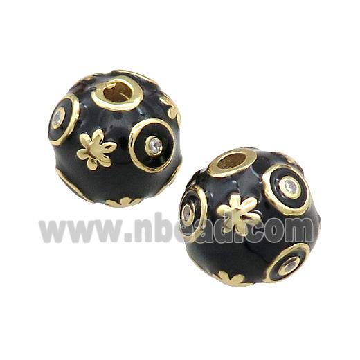 Copper Round Beads Pave Zircon Black Enamel 18K Gold Plated