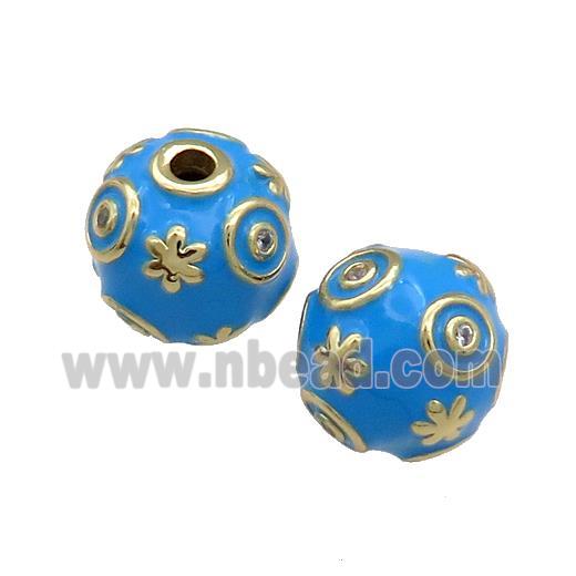 Copper Round Beads Pave Zircon Blue Enamel 18K Gold Plated