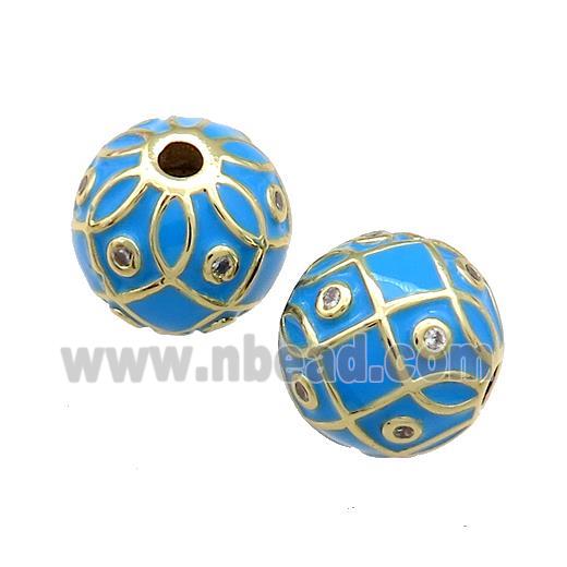 Copper Round Beads Pave Zircon Blue Enamel 18K Gold Plated