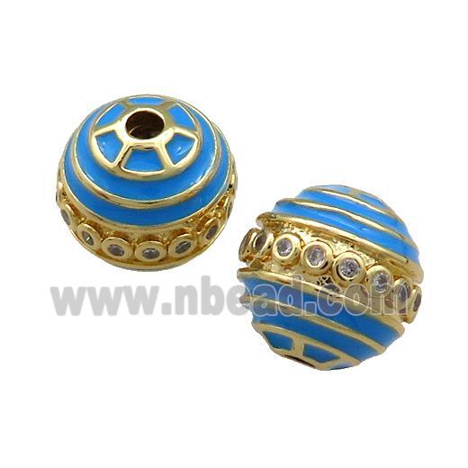 Copper Round Beads Pave Zircon Blue Enamel 18K Gold Plated