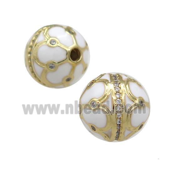 Copper Round Beads Pave Zircon White Enamel 18K Gold Plated