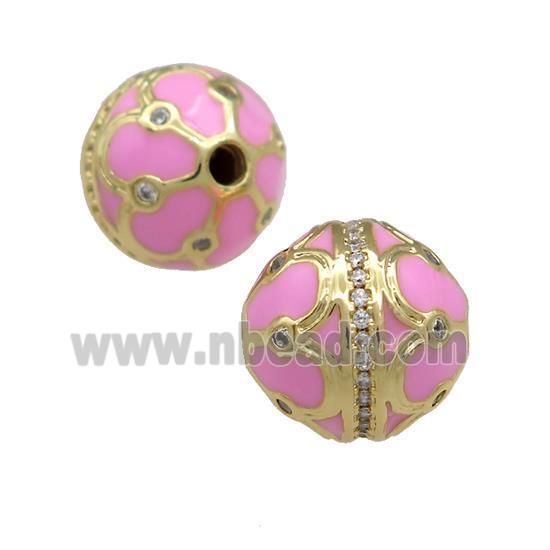 Copper Round Beads Pave Zircon Pink Enamel 18K Gold Plated