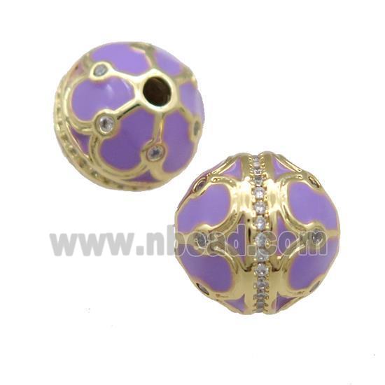 Copper Round Beads Pave Zircon Purple Enamel 18K Gold Plated