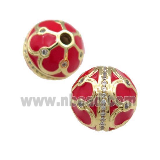 Copper Round Beads Pave Zircon Red Enamel 18K Gold Plated