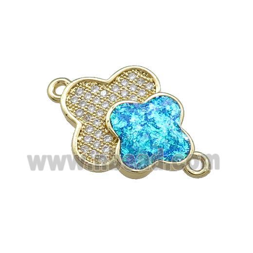 Copper Clover Connector Pave Blue Fire Opal Zircon Double 18K Gold Plated