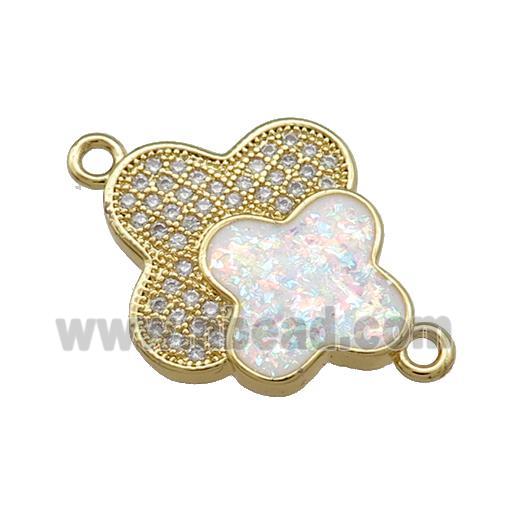 Copper Clover Connector Pave White Fire Opal Zircon Double 18K Gold Plated