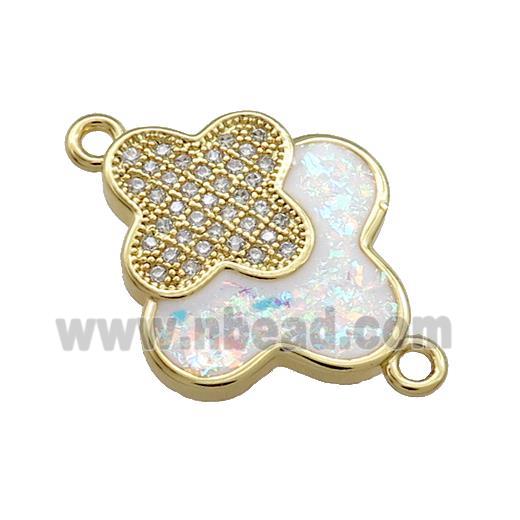 Copper Clover Connector Pave White Fire Opal Zircon Double 18K Gold Plated