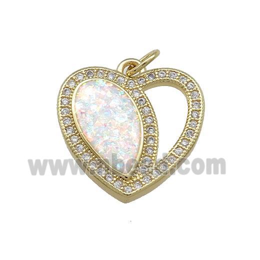 Copper Heart Pendant Pave White Fire Opal Zircon 18K Gold Plated