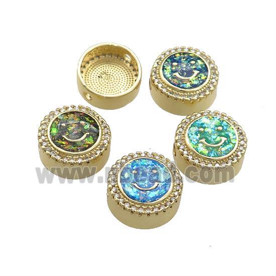 Copper Button Beads Pave Fire Opal Happyface 18K Gold Plated Coin Mixed
