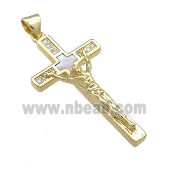 Copper Jesus Crucifix Cross Pendant Pave Shell Zircon Religious 18K Gold Plated