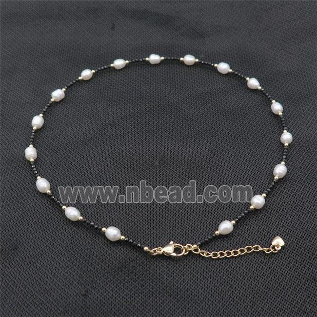 White Pearl Necklace With Black Spinel