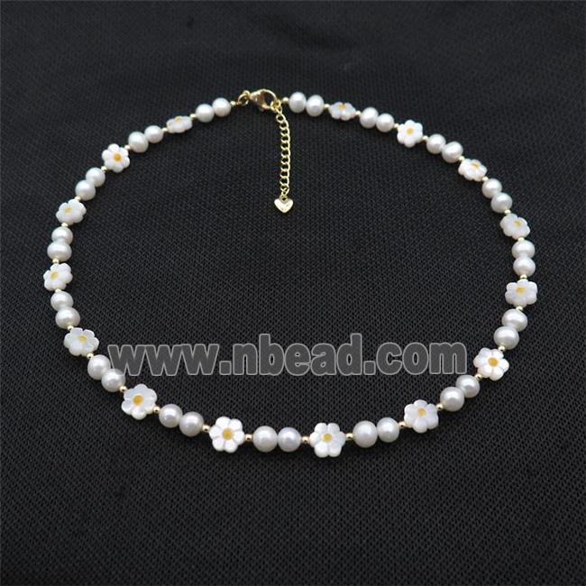 White Pearl Necklace With MOP Shell Flower