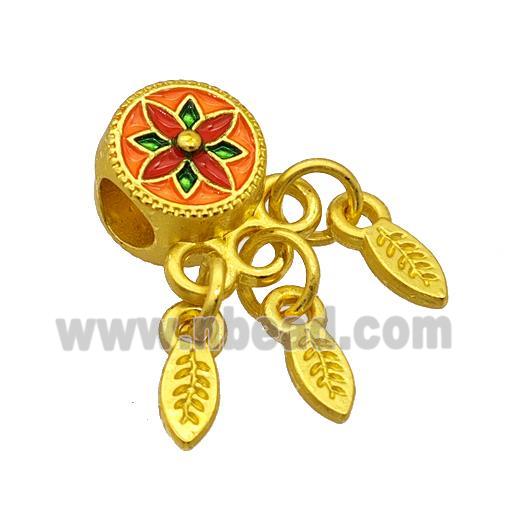 Alloy Coin Beads Multicolor Painted Flower Leaf Tassel Large Hole Matte Gold Plated