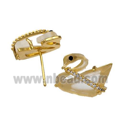 Copper Swan Stud Earrings Pave Acrylic Zirconia Gold Plated