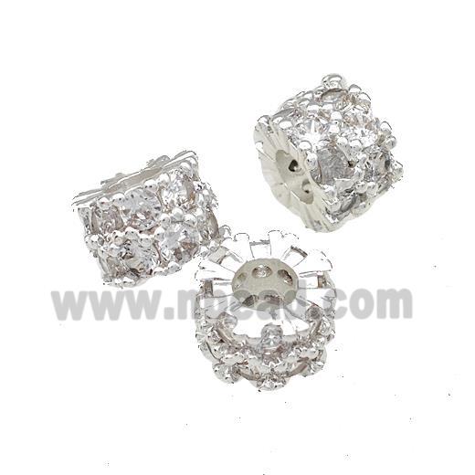 Copper Rondelle Beads Pave Zircon Large Hole Shiny Silver Plated