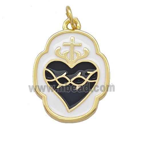 Copper Heart Pendant Black White Enamel Gold Plated