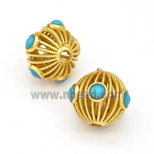 Copper Round Beads Pave Blue Jade Hollow Gold Plated