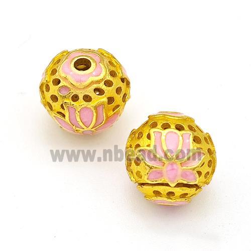 Copper Round Beads Pink Painted Flower Hollow Gold Plated