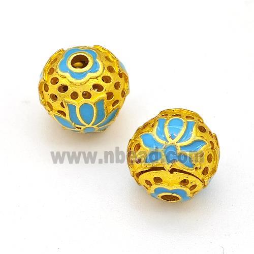 Copper Round Beads Blue Painted Flower Hollow Gold Plated