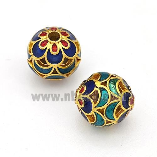 Copper Round Beads Blue Green Painted Hollow Gold Plated