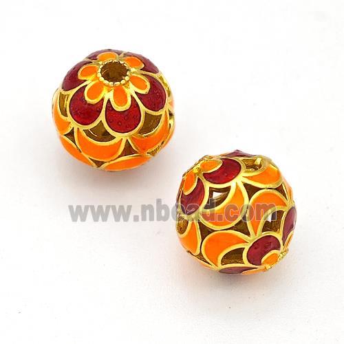 Copper Round Beads Orange Red Painted Hollow Gold Plated