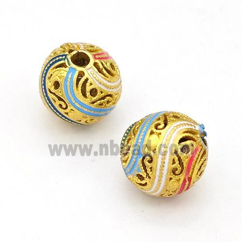 Copper Round Beads Multicolor Painted Hollow Gold Plated