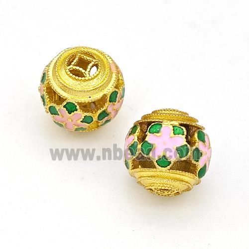 Copper Round Beads Multicolor Painted Hollow Gold Plated