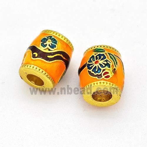 Copper Barrel Beads Multicolor Painted Flower Large Hole Gold Plated