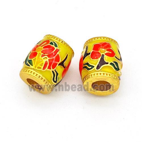 Copper Barrel Beads Multicolor Painted Flower Large Hole Gold Plated