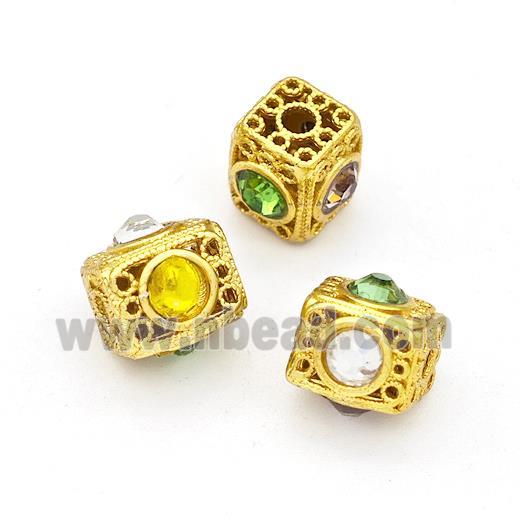 Copper Cube Beads Pave Rhinestone Hollow Gold Plated