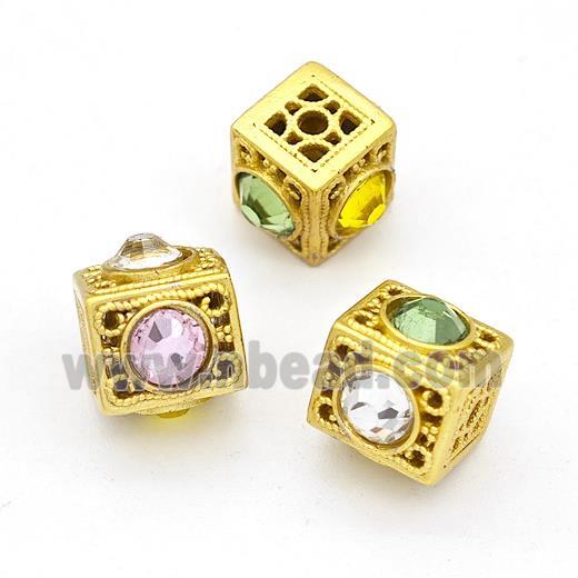 Copper Cube Beads Pave Rhinestone Hollow Gold Plated