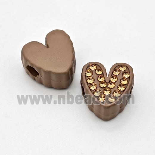 Coffee Resin Heart Beads Micro Pave Rhinestone Large Hole