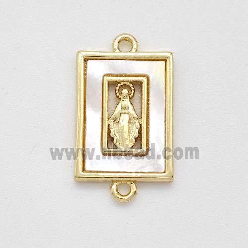 Virgin Mary Charms Copper Rectangle Connector Pave Shell Gold Plated