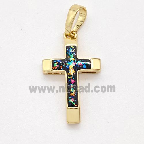 Copper Cross Pendant Pave Black Fire Opal 18K Gold Plated