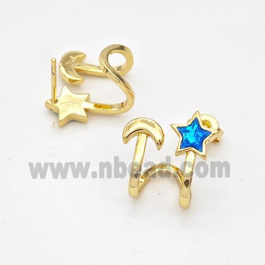 Copper Stud Earrings Pave Fire Opal Star Moon 18K Gold Plated