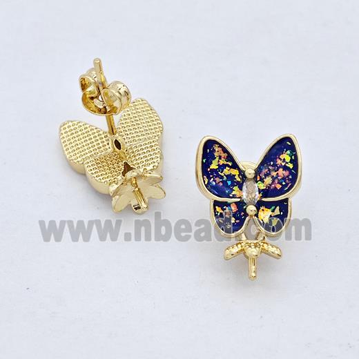 Copper Butterfly Stud Earrings Pave Fire Opal 18K Gold Plated