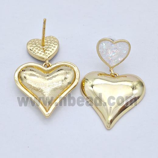 Copper Heart Stud Earrings Pave White Fire Opal 18K Gold Plated