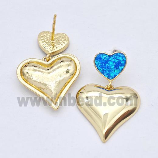 Copper Heart Stud Earrings Pave Blue Fire Opal 18K Gold Plated