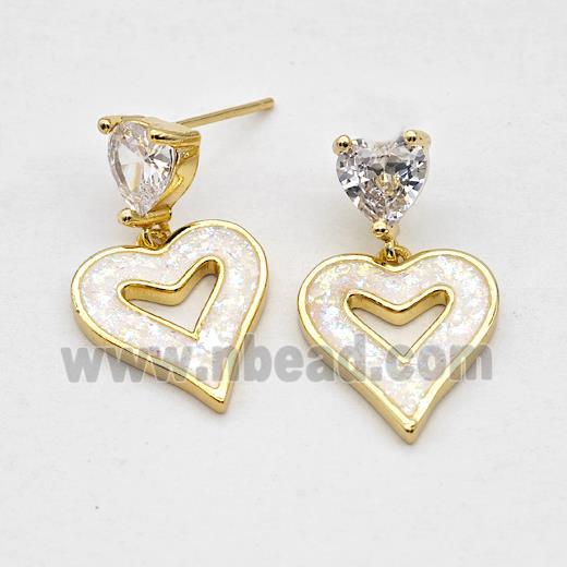 Copper Heart Stud Earrings Pave White Fire Opal 18K Gold Plated