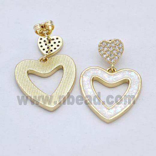 Copper Heart Stud Earrings Pave White Fire Opal Zirconia 18K Gold Plated