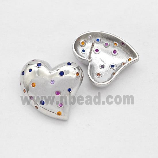 Copper Heart Stud Earring Micro Pave Zirconia Platinum Plated