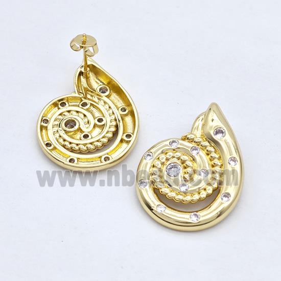 Copper Stud Earrings Micro Pave Zirconia Nautilus Shell Gold Plated