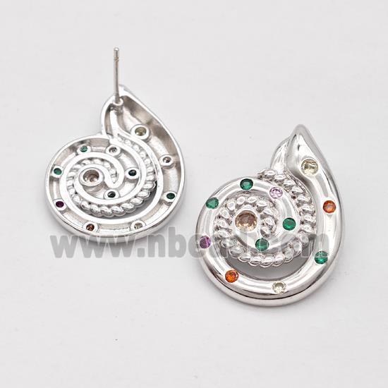 Copper Stud Earrings Micro Pave Zirconia Nautilus Shell Platinum Plated