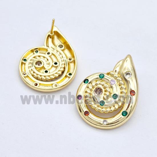 Copper Stud Earrings Micro Pave Zirconia Nautilus Shell Gold Plated